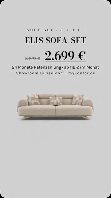 Elis Sofa-Set — in Bewegung.
Drei Ansichten, ein Set: Sofa, Sessel, Bouclé aus der Nähe.

· 3.827 € → 2.699 €
· 24 Mo...