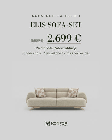 Ein Set, das den Raum ordnet.

Elis Sofa-Set 3 + 3 + 1: klare Linien, ruhige Farben, weiches Bouclé. Ein Wohnzimmer, ...